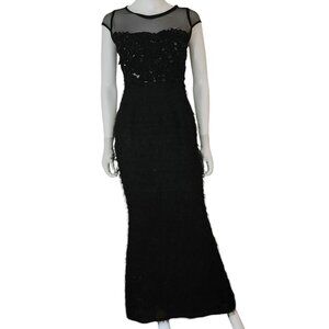 Classic Beaded Lace Eyelash Fringe Metallic Sheath Gown